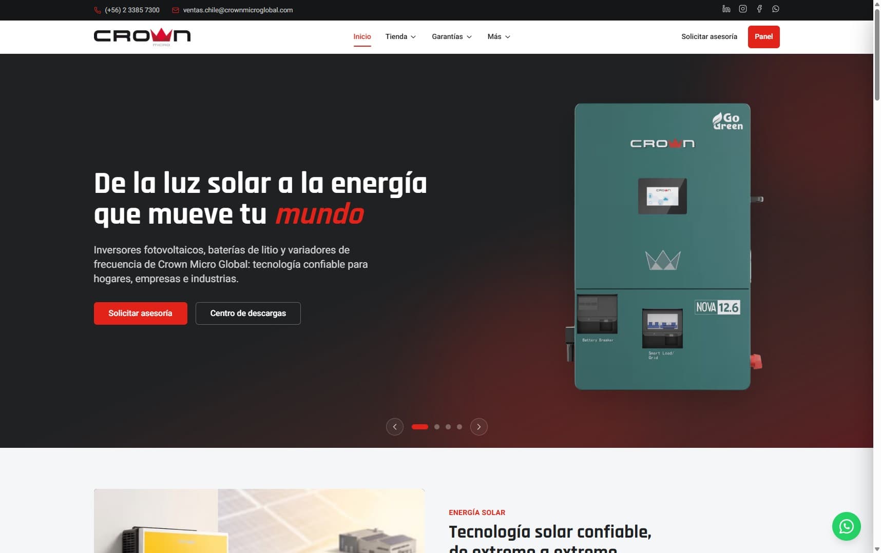 Portada de crownmicroglobal.cl, inversores fotovoltaicos y baterías de litio