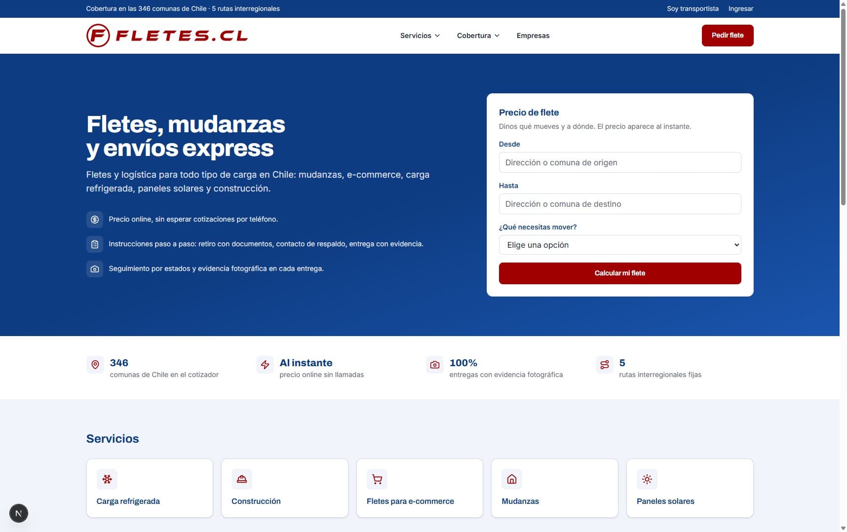 Portada de fletes.cl, cotizador de fletes, mudanzas y envíos