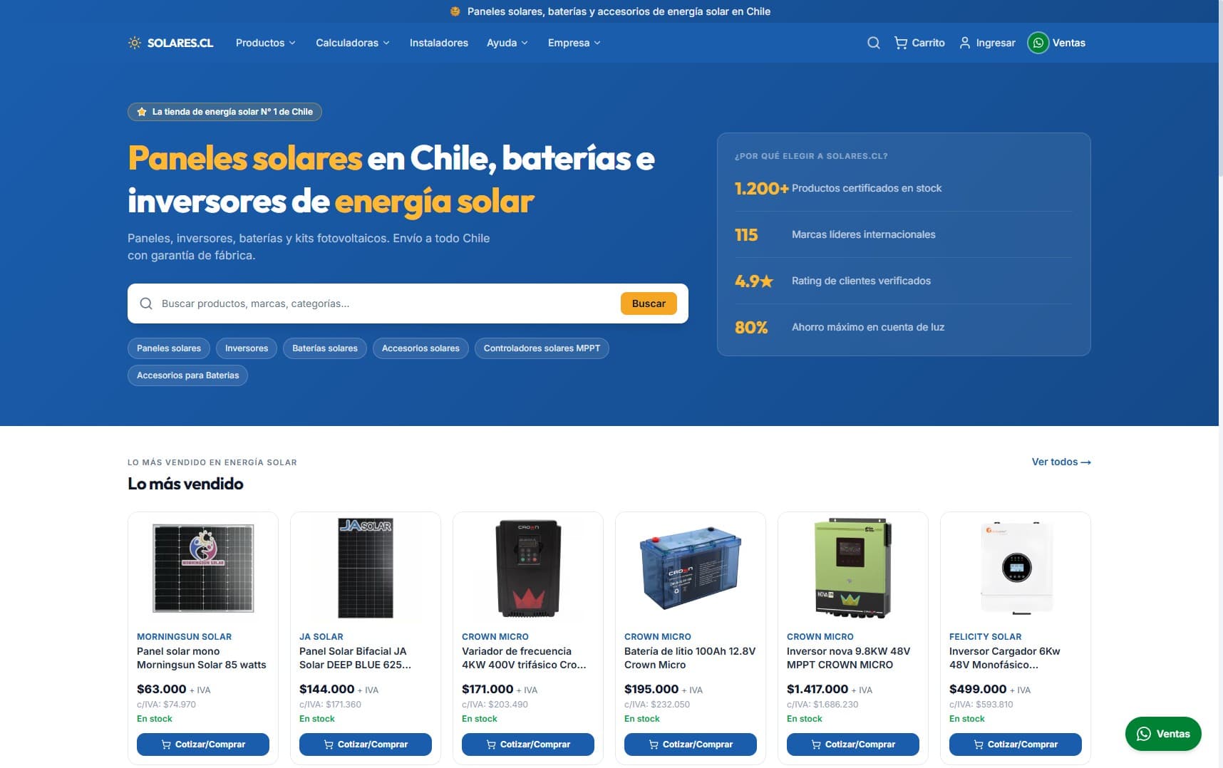 Portada de solares.cl, tienda de paneles solares, baterías e inversores