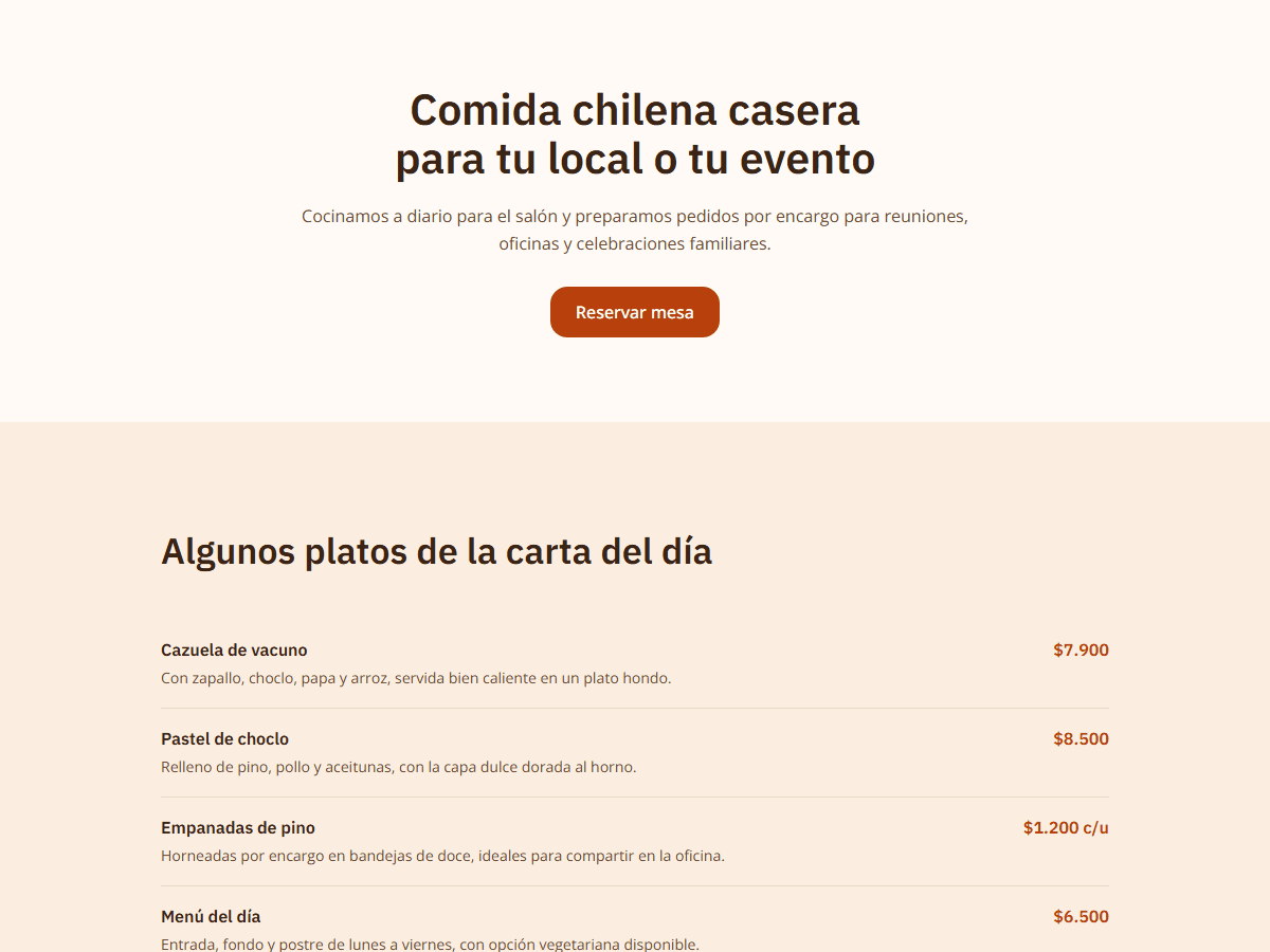Ejemplo de página web para restaurantes, cafés y comida por encargo