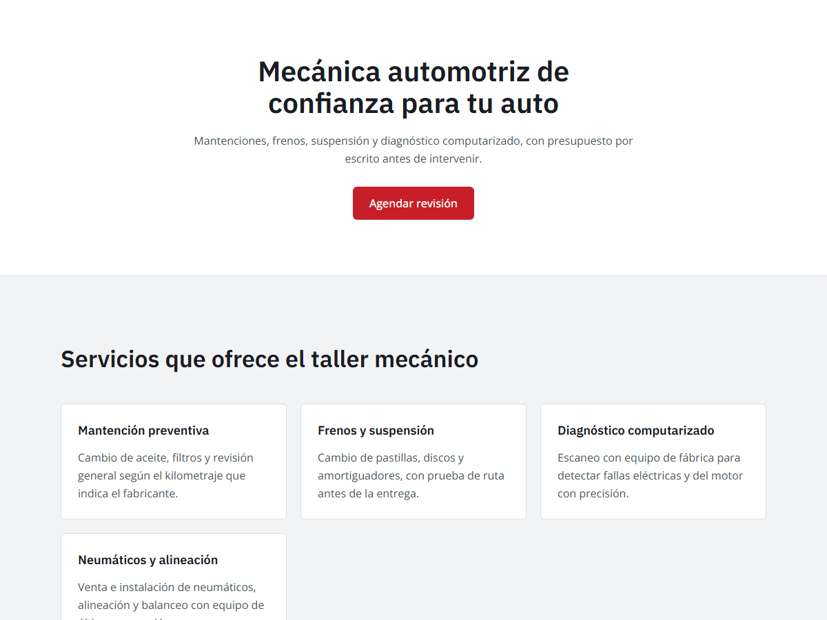 Ejemplo de página web para talleres y automotriz